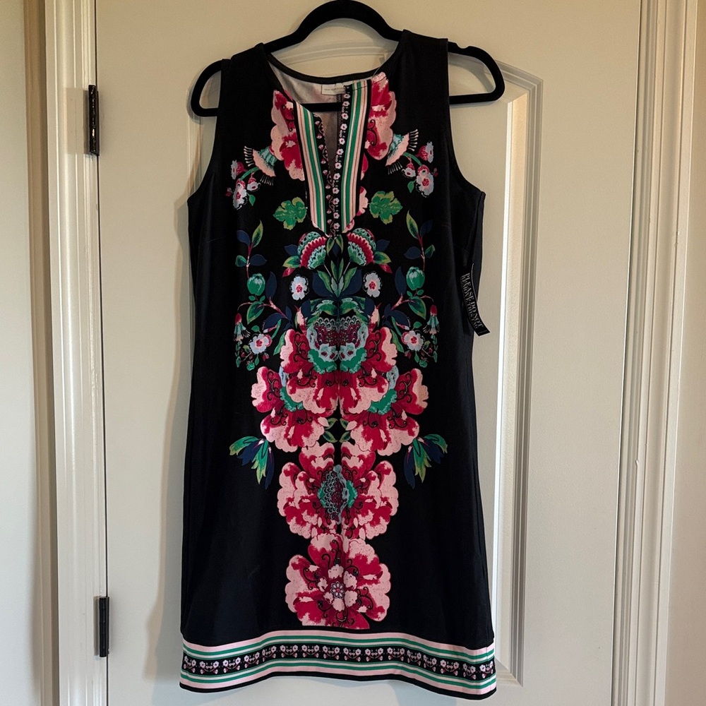 New York & Company Black Sleeveless Mini Dress with Pink & Green Floral Print